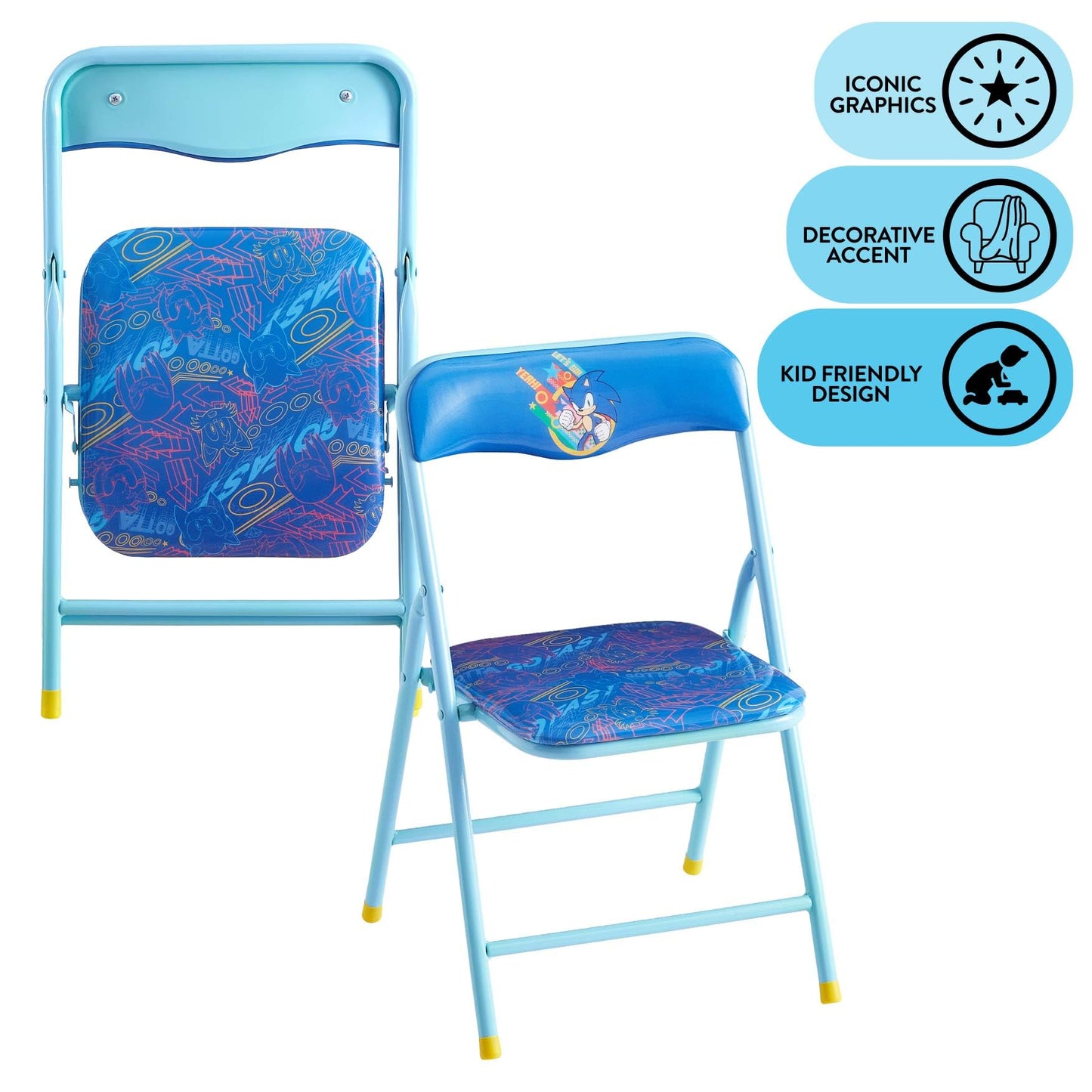 Sega Sonic The Hedgehog Kids Table and Chair Set, 3-Piece Square Table with 2 Folding Chairs for Playroom & Activities