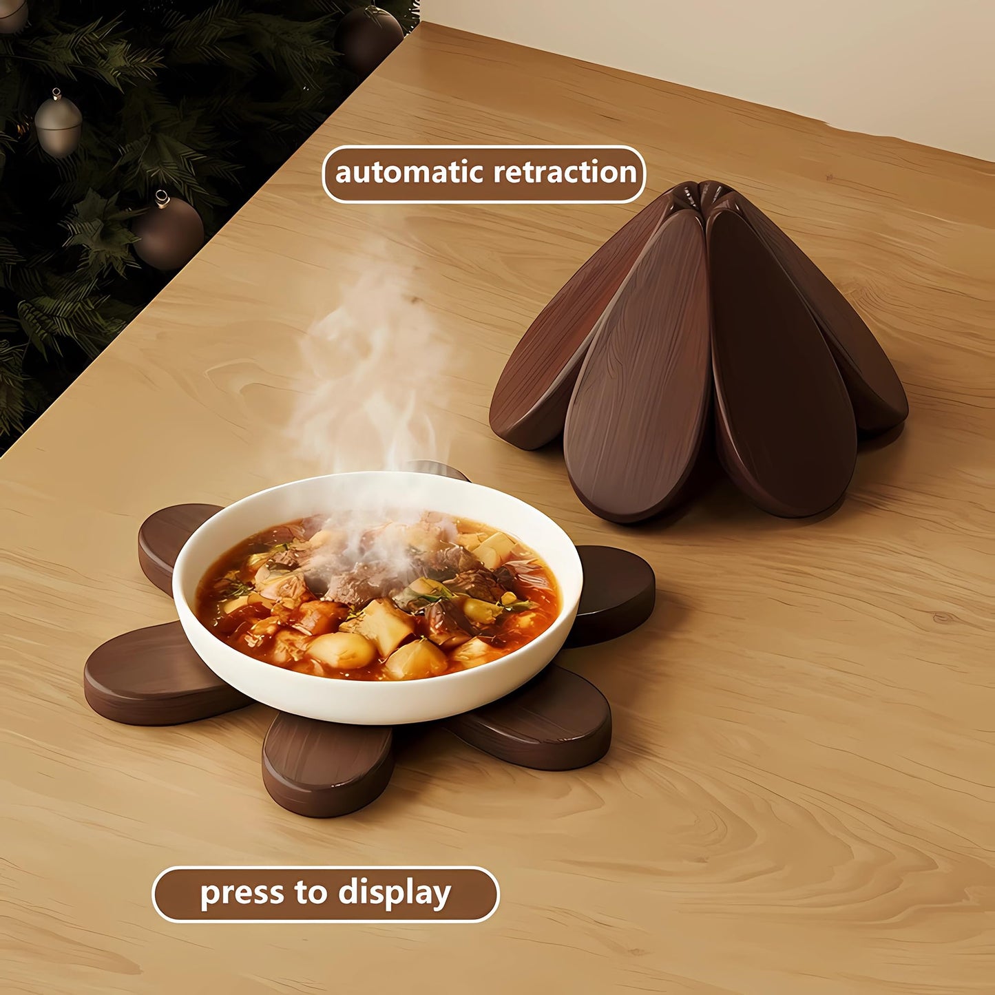 Wooden Trivets for Hot Dishes, Tree Shape Trivet Set, 4 Natural Solid Wood + 1 Stand stored Like a Christmas Tree,Foldable Kitchen Wooden Trivet for Pot Bowl Teapot Hot Pot Holder (Wood)