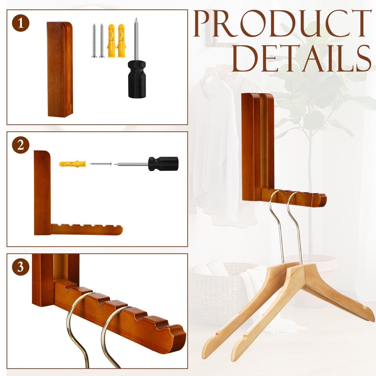 Fiwochic 2 Pcs Wooden Coat Rack Wall Mounted Entryway Coat Hooks Heavy Duty Foldable Wall Hangers for Bathroom Bedroom Hanging Towels Clothes Bags