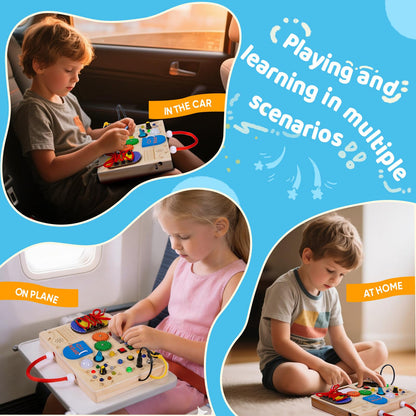 GNAYUIJ Montessori Busy Board,Wooden Sensory Board Toys for 1 2 3 Years Old,Toddlers Activity Travel Toy with LED Light Switches & Music Boxes for Boy & Girl Birthday Gift