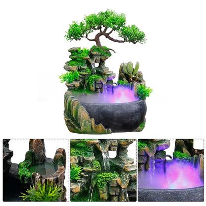 11-Inch Tabletop LED Waterfall Fountain with Atomizer – Quiet Resin Rockery Mist Humidifier for Bedroom, Office, Meditation or Gift Décor