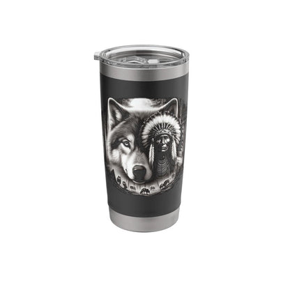 Native American Indian and Wolf Feathers Chief Art Stainless Steel Insulated Tumbler