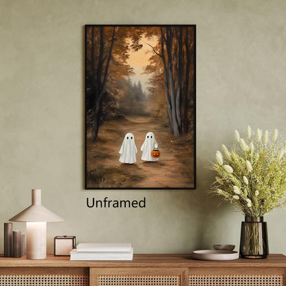 Halloween Ghost Canvas Wall Art, Friendly Ghosts with Jack O Lantern In Autumn Forest Poster, Spooky Fall Landscape Print, Gothic Halloween Pumpkin Holiday Picture for Bedroom 12x16in Unframed