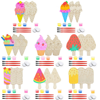 LARDUX 24pcs Ice Cream Party Favors Wood Painting Crafts - 8 Styles Ice Cream Shape Unfinished Woodchips Cutouts Craft Kits with Glow in The Dark Paint DIY Party Favors Birthday Party Decorations