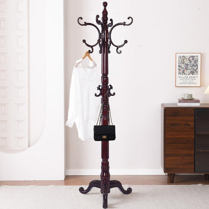 Hebtwebf Wooden Coat Racks, Retro 78" Coat Tree with 12 Hooks & Stable Triangular Base, Entryway Coat Rack Freestanding for Hat, Clothes, Scarves, Handbags, Umbrella (Mahogany)