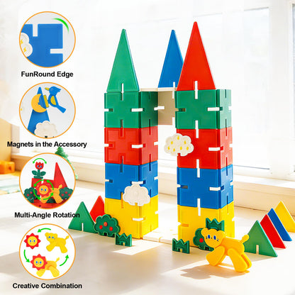 Bmag Magnetic Tiles 58PCS,Groove Interlocking Design Magnet Building Blocks with Lion, Sun,Cloud & Grass,STEM Toys for Toddlers 3+, Preschool Learning Gift for Boys & Girls