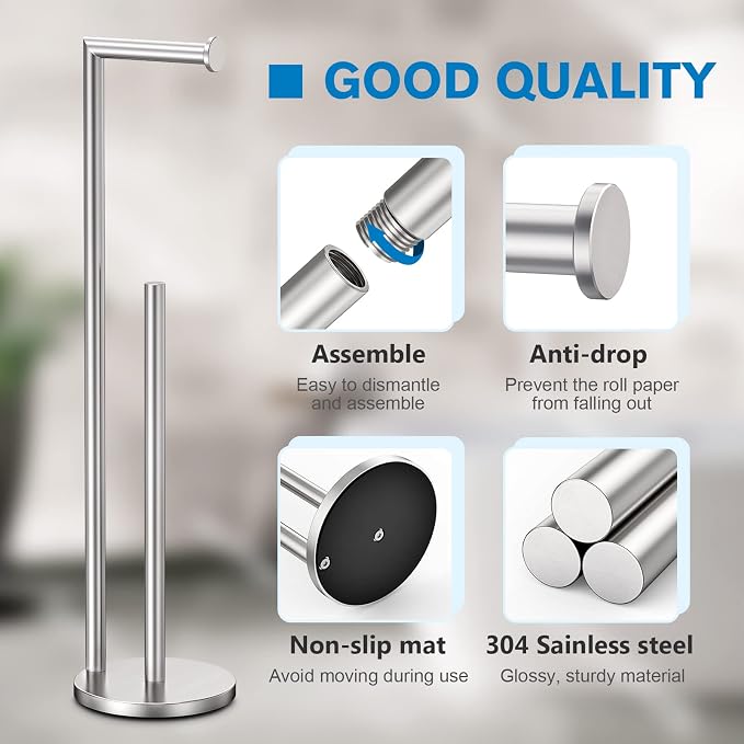 Toilet Paper Holder Stand, Toilet Paper Stand Brushed Nickel, Free Standing Toilet Paper Holder, Toilet Paper Storage by Bathth