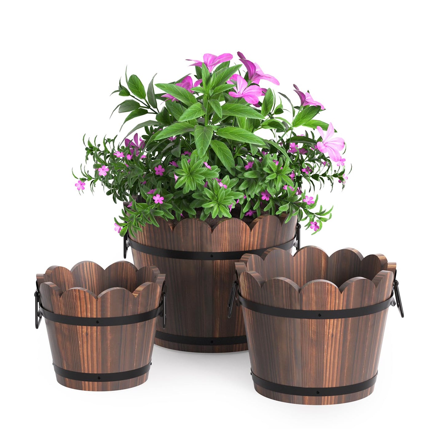 HakkaGirl Wooden Bucket Barrel Planters, Rustic Patio Planters Flower Pots for Plants Indoor Décor, Set of 3