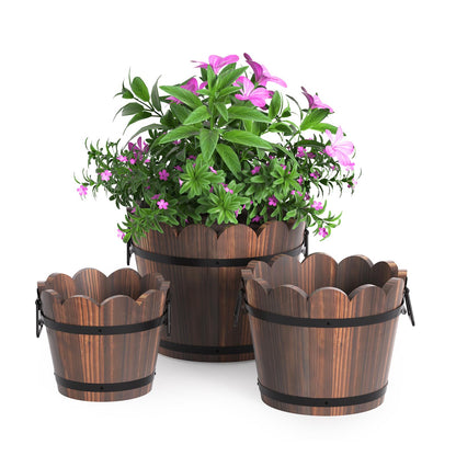 HakkaGirl Wooden Bucket Barrel Planters, Rustic Patio Planters Flower Pots for Plants Indoor Décor, Set of 3