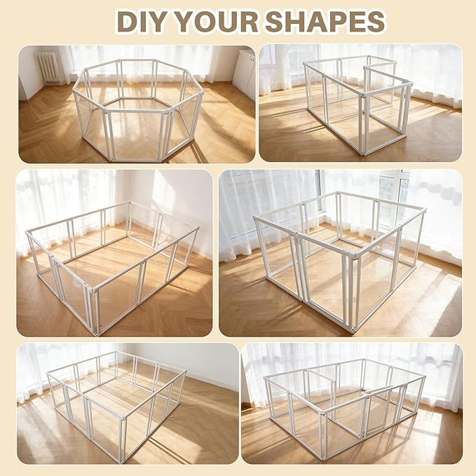 24" H Clear Dog Playpen Indoor, Metal Frame Acrylic Dog Play Pen Cage with Door - 8 Panels, Easy Assemble Pet Fence, DIY Foldable Puppy Pen for Ducks Cat Rabbit Small & Medium Pets- White
