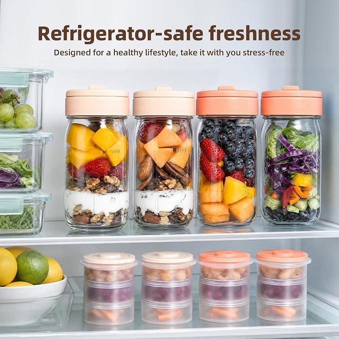 TQRR 32 OZ 4 Pack Overnight Oats Containers with Lids, Glass Storage Jar with Dry and Wet Separation, Leakproof Wide Mouth Mason Jars, Glass Jars with a Handle for Salads,Yogurt (2, Beige & Pink)