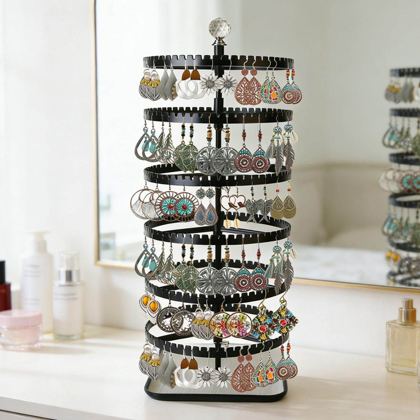 Raymorium IDavosic.ly 6-layer rotating earring holder storage rack, adjustable plastic pendant display stand with 348 grooves on the tree strap, large circular storage tower, black