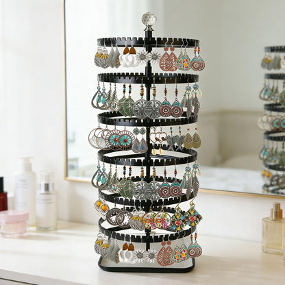 Raymorium IDavosic.ly 6-layer rotating earring holder storage rack, adjustable plastic pendant display stand with 348 grooves on the tree strap, large circular storage tower, black