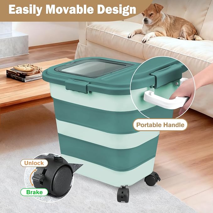 Komzon Rice Storage Container, Collapsible Airtight 10-40 Lb Rice Storage Container, 25lb Pet Dog Food Storage Container, Rice Dispenser Bin with Cup and Scoop for Flour Cereal Pasta Grain, Cat Bird