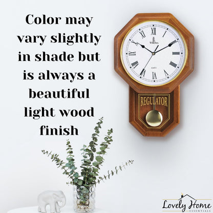 Pendulum Wall Clock Battery Operated - Real Wood Regulator Clock - Schoolhouse Design with Pendulum - Quiet, Non-Chiming - Wooden Wall Decor for Living Room Decor, Home, Office and Gift 18x11