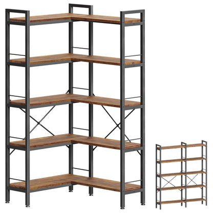Huuger 5 Tier Bookshelf, L Shaped Corner Bookshelf with 10 Open Shelves, 49.4 Inch Straight Wide Bookcase with Metal Frame and Wooden Board, Adjustable Feet, Rustic Brown