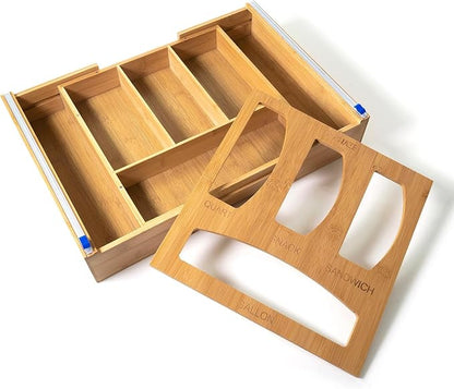 Forest & Twelfth Expandable Bamboo Kitchen Drawer Organizer for Storage Bags, Gallon, Quart, Snack, Sandwich Size, Plastic Wrap Foil Dispenser with Prep Bag Holder, Eco-Friendly Kitchen Organization