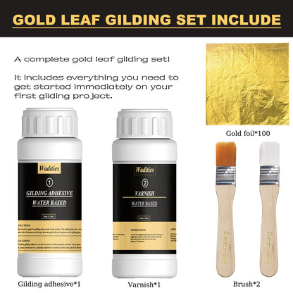 Wadities Gold Leaf Gilding Adhesive Set, 100ml Water Based Glue and 100ml Varnish, Gold Leaf Sheets 100 pcs, 2 Brushes, for Craft, Painting and Arts