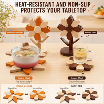 Cycayit 5-Piece Wooden Flower Trivets for Hot Pots and Pans with Storage Stand - Flippable Beech Wood Wooden Trivet Tree, Hot Pads for Kitchen, Tree Trivet, Trivets for Hot Dishes, Kitchen Gifts