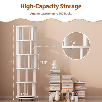 Muwuele Solid Wood Rotating Bookshelf on Wheels, 5 Tier, Round Revolving Bookcase, 360° Spinning Book Shelf Tower for Kids, Narrow Rolling Bookshelves for Small Space, Corner, Bedroom, Office, White