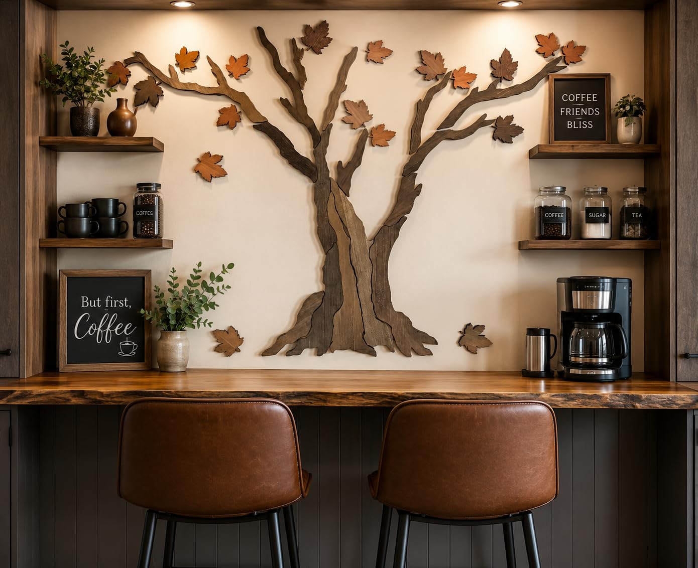Handcrafted Wooden Maple Tree Wall Art - Large Rustic Tree Sculpture with Falling Leaves for Living Room, Above Sofa, Bedroom & Yoga Room, 59" x 39"