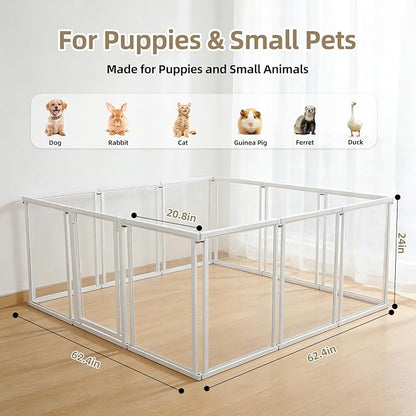 NiceTCU 24" H Acrylic Dog Playpen Indoor, Metal Frame Clear Dog Playpen with Door - 12 Panels, Easy Assemble Pet Fence, DIY Foldable Pet Pen for Ducks Puppy Rabbit Small & Medium Pets- 12Pcs White