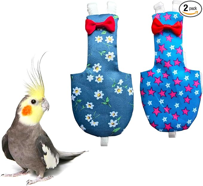 UKJENT Bird Diaper Protective Parrot Nappy 2 Pack, Reusable Flight Suit with Waterproof Inner Layer, Washable Cute Urine Wet Suit for Cockatiel Monk Parakeet Sun Parakeet Lory(S)
