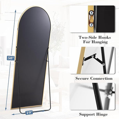 NEWBULIG Arched Mirror Full Length, 58"x19" Body Wall Mirrors with Shatter-Proof Glass, Upgraded Floor Standing Mirror, Hanging or Leaning, with Stand Aluminum Alloy Frame for Home Decor, Gold