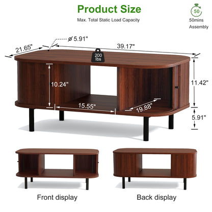 Coffee Table, 39.4" Mid Century Modern Coffee Tables for Living Room, Coffee Table with Storage Open Shelf, Fluted Table with Sliding Cabinet Door, Suitable for Living Room, Home Office, Walnut