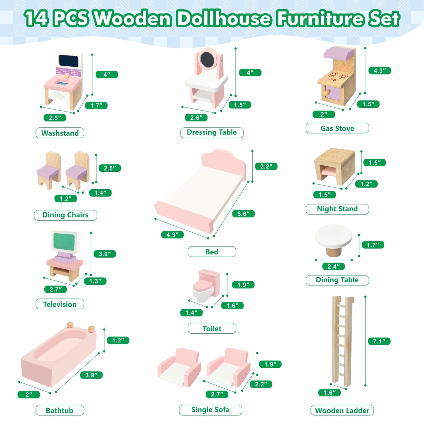 SIMPLIPLAY DIY Portable Wooden Dollhouse, Pretend Play Doll House Set with 4 Rooms, 13 Furnitures, 2 Dolls, 3 Sticker with 2 Styles, 1 Wooden Ladder, Doll House for 3+ Year Old Kids Boys Girls Gift