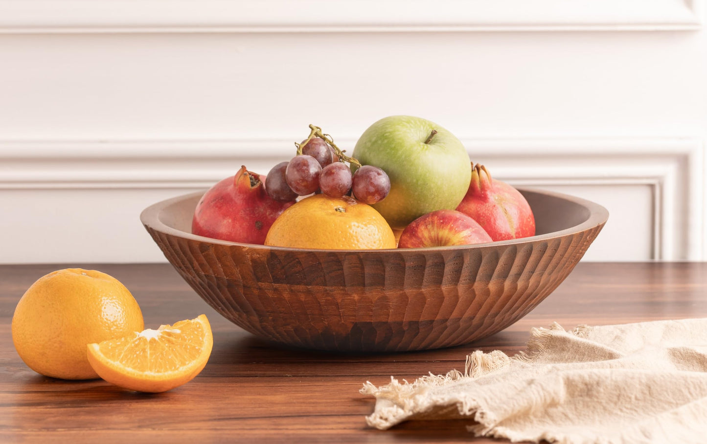 LAVAUK 12" x 4" Wood bowl with hand carved pattern | 4.3 quarts capacity | wooden bowl for food, serving salads, pasta, cereal or popcorn | kitchen counter centerpiece bowl for fruits |