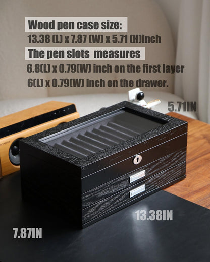 Besforu wood pen display case 36 slot Fountain pen Box storage Organizer with drawer, Top Glass Window Pen Collection Display Case