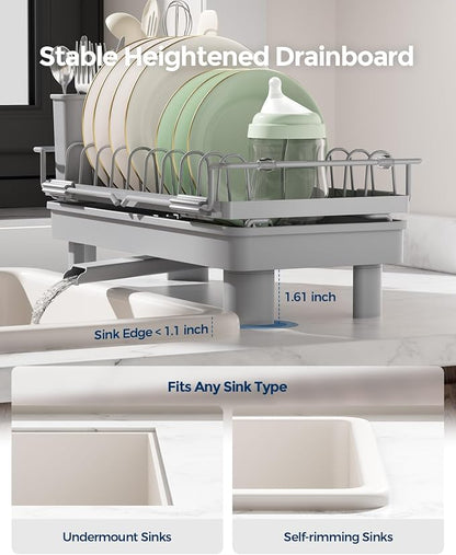 Nacial 2-in-1 Small Dish Drying Rack Fits 14''–21.8'' Sink, Dish Drainers for Kitchen Counter Extend Kitchen Sink Drain Basket with Utensil Holder & Auto-Drain Tray, Stainless Steel Plate Rack, Gris