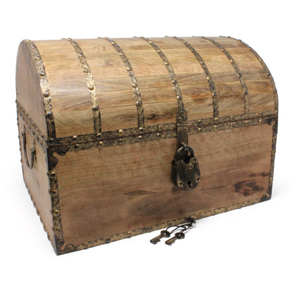Nautical Cove Antique Finish Wood Treasure Chest with Decorative Rivets and Reinforcing Iron Strips with Lock and Skeleton Keys (Light Antique, X-Large 16x12x12) - Wooden Keepsake Box, Storage Chest