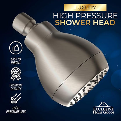 High Pressure Shower Head - Brushed Nickel - Powerful Deluxe Bathroom Showerhead with Strong Spray Stream and Small Silicone Nozzles - Universal Fit Works with High and Low Water Flow Showers-2.5 GPM