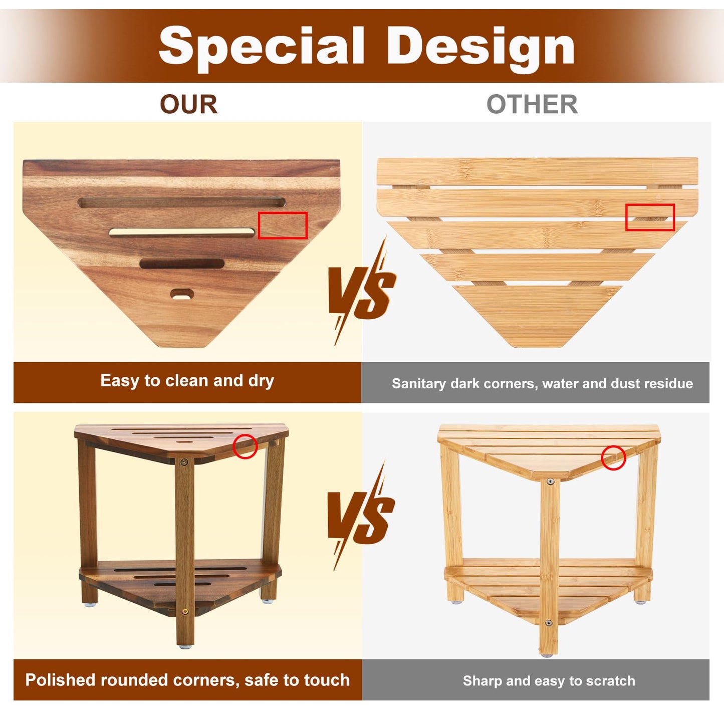 IBosins Corner Shower Stool with Storage Shelf Shower Foot Rest for Shaving Legs Small Bench for Inside Shower to Sit on Bath Seat - Acacia Wood