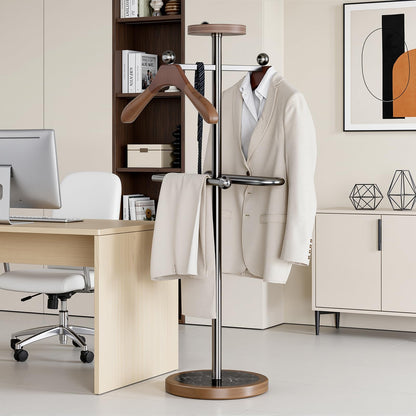 MLAVUDM Suit Valet Stand with 2 Wooden Hangers & Storage Tray, Stainless Steel Frame, Solid Natural Marble Base, Freestanding Clothing Valet for Men, Bedroom, Office, Entryway (12.6 x 54.33 in)