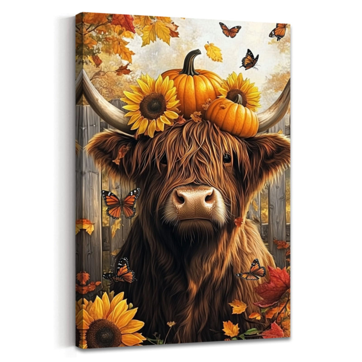 YMXDYMJSW Fall Canvas Wall Art Highland Cow with Pumpkin Pictures Prints Sunflower Paintings Autumn Harvest Artwork for Thanksgiving Kitchen Decor Framed (Brown,20L x 16W)