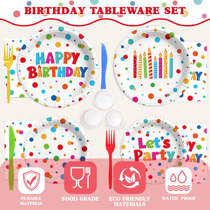 195 Pcs Birthday Party Supplies (Serves 24), Happy Birthday Party Dots Design Decorations Include Banner Hanging Plates Napkins Cups Forks Knifes Tablecloth Topper Balloons for Decorations
