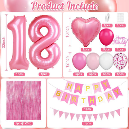 18th Birthday Decorations for Girls,Hot Pink 18th Birthday Balloons with Happy Birthday Banner Fringe Curtain Heart Foil Balloons for 18 Year Old Birthday Decor