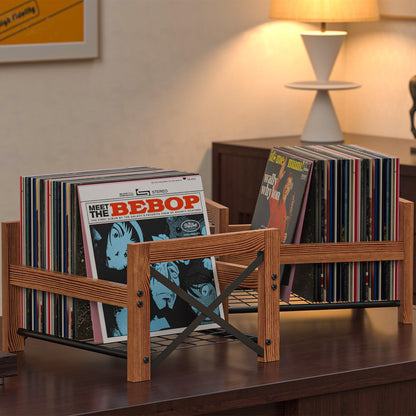 X-cosrack Vinyl Record Holder – 1 Pack Only – Fits 7"–12" Albums, Holds 50–100 Records, DVDs, or CDs – Modern Wooden Storage Stand, File Organizer Rack, Brown