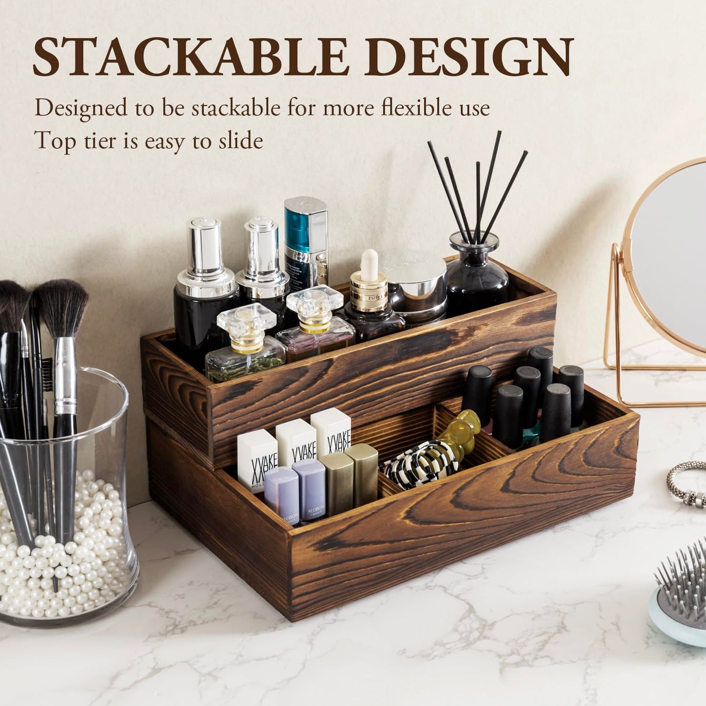 MyGift Counter Storage Organizer, 2 Tier Rustic Burnt Solid Wood Stackable Modular Vanity Countertop Storage Organizer Trays, Decorative Bathroom Makeup Cosmetic Box, 2 Piece Set