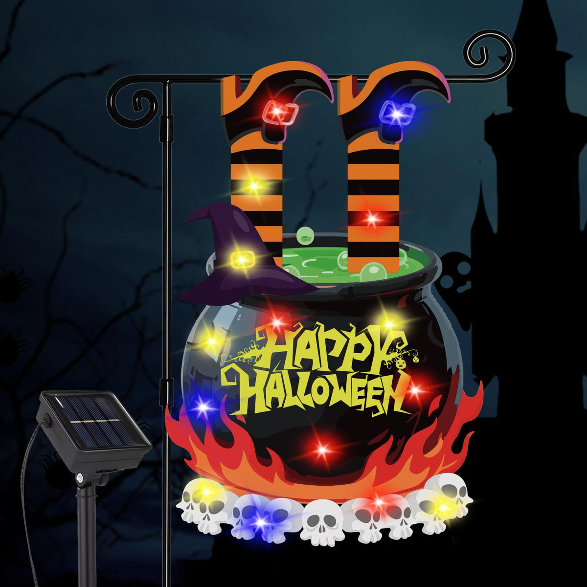 GOAUS Halloween LED Garden Flag Light Up Solar Powered, Witch Cauldron Decorations Outdoor, Double Sided Oxford Decorative Flag for Lawn Yard Outside Decor, 12x18 Inches