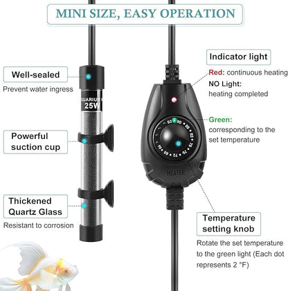 HITOP 25W Super Mini Aquarium Heater: Adjustable Heater for Small Fish Tank 2-6Gallons, with External Controller, Betta Heater for Fish Bowls (25W)