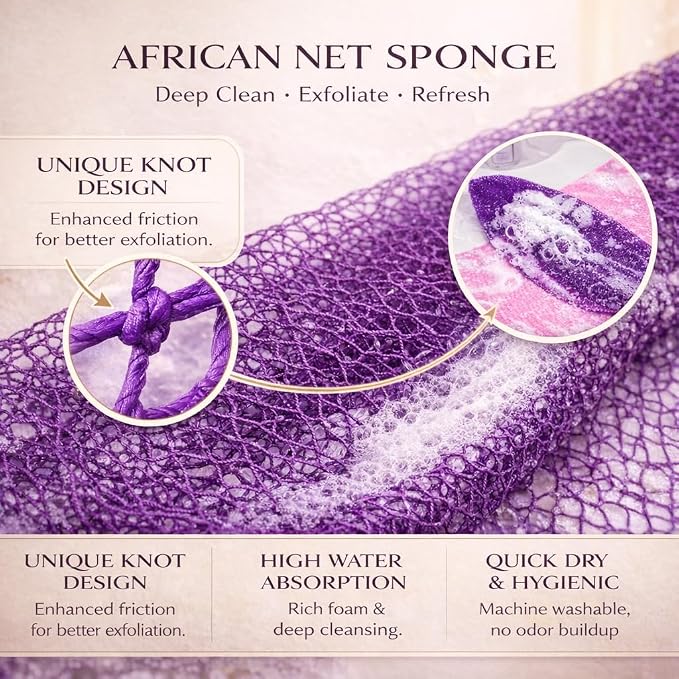 African Net Sponge Authentic, 6 Pieces African Exfoliating Net Sponge Body Back Scrubber Exfoliating Washcloth for Shower Bath for All Types (Black+Olive Green+Pink+Puple+Brown+Champagne Gold, 6 Pcs)