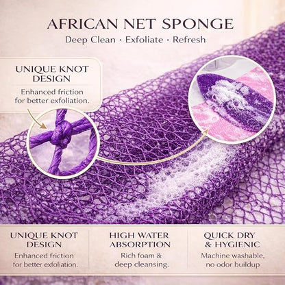 African Net Sponge Authentic, 3 Pieces African Exfoliating Net Sponge Body Back Scrubber Exfoliating Washcloth for Shower Bath for All Types Skin (Green+Gold+Light Purple, 3 Pcs)
