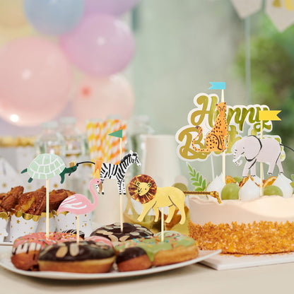 Reallnaive 36 Set Safari Cupcake Toppers Animals Cupcake Kit Safari Woodland Jungle Party Supplies for Jungle Theme Baby Shower Zoo Wild Animal Birthday