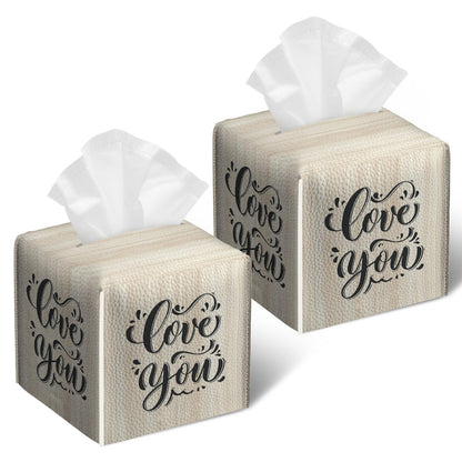 2 Pack Love You Tissue Box Cover Square Wooden Board Texture PU Leather Tissue Box Holder Waterproof Facial Paper Organizer Dispenser for Bathroom Kitchen Home Office Car