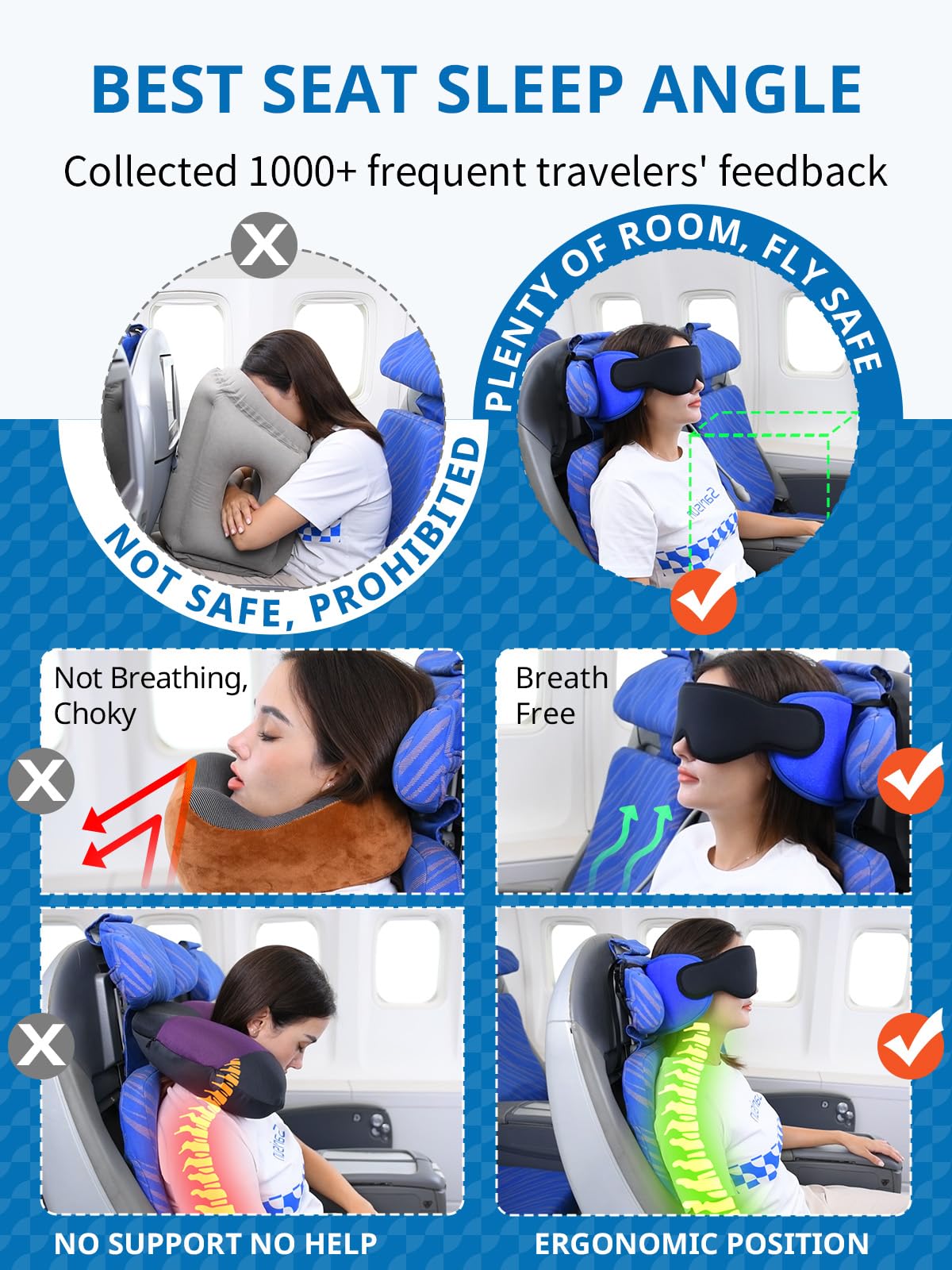 SARISUN Travel Pillows for Airplanes, Airplane Pillows for Long Flight with Sleep Eye Mask, 2 Pack Travel Pillows for Car Road Trip, FSA HSA Eligible Approved, Stop Bobblehead Travel Essentials, Black