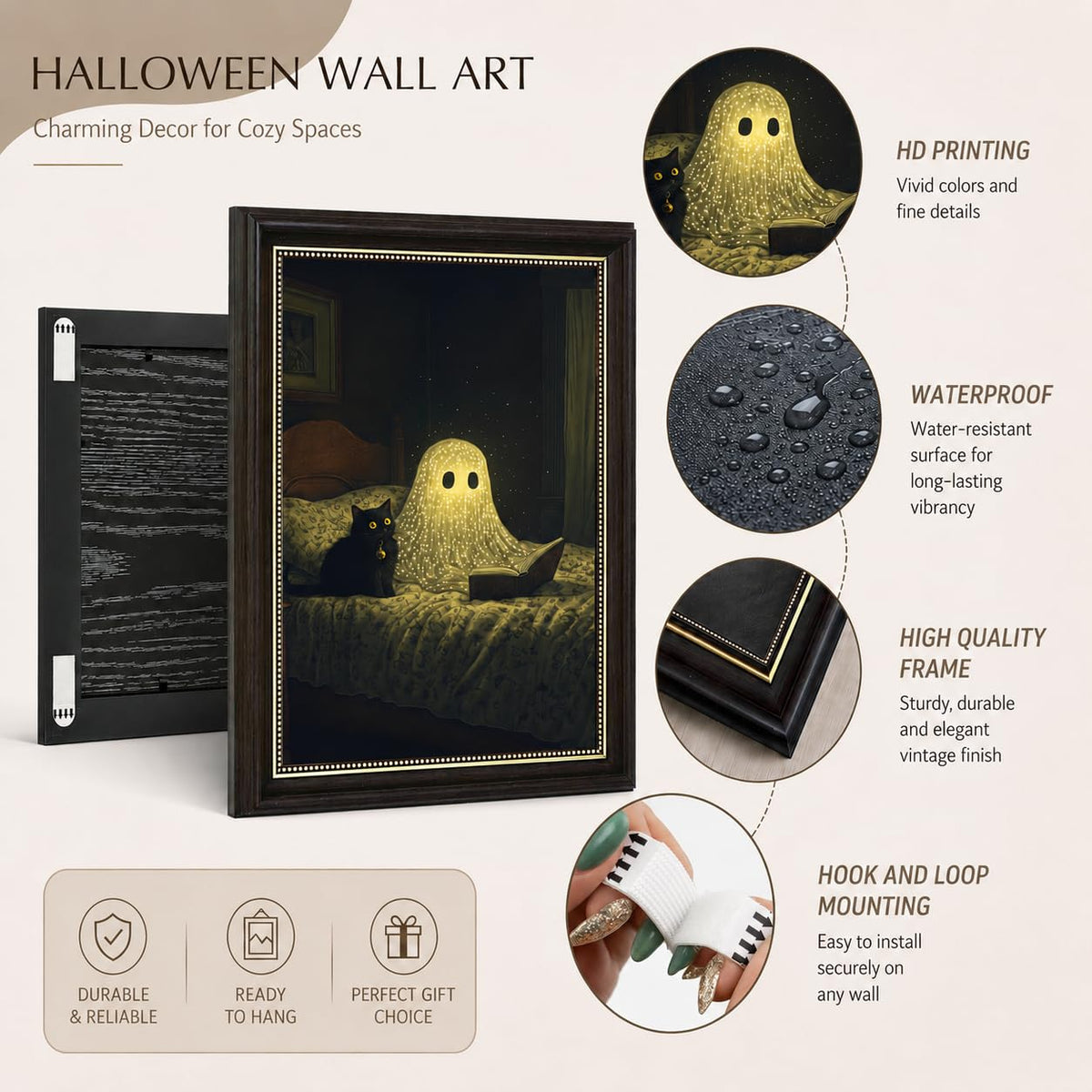 Ghost and Black Cat Wall Art 9x11, Dark Brown Framed Canvas Print, Cute Spooky Reading Ghost Picture, Halloween Bedroom Decor for Cat Lovers